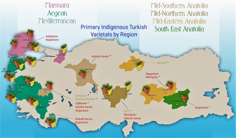 Mapa de las regiones vitivinícolas de Turquía